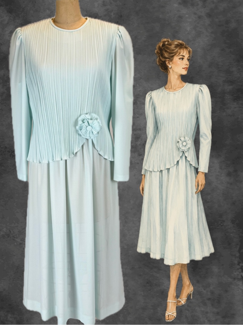 VINTAGE 80s seafoam pastel mint dress formal accordion pleat long sleeve midi